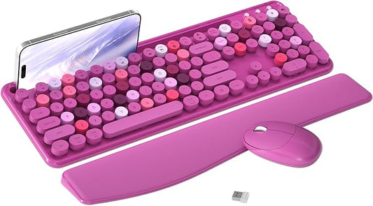 Colorful Wireless Computer Keyboard and Mouse Combo with Phone Holder, Wrist Rest, Typewriter Keys, 2.4GHz Wireless, Full-Sized Optical Mouse for PC and Laptop (Rose-Red)
