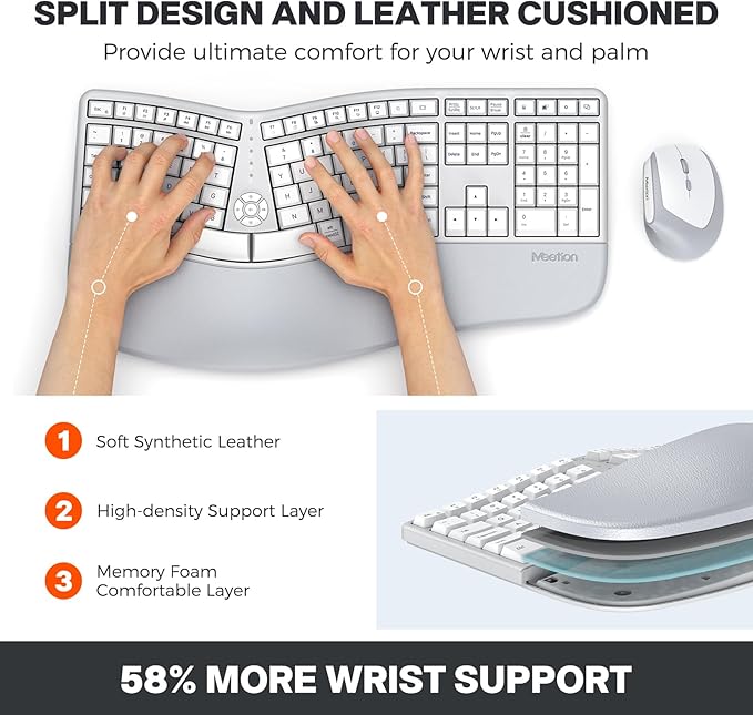MEETION Ergonomic Keyboard and Mouse, Wireless Keyboard with Vertical Mouse, Split Curved Keyboard with Wrist Rest, Natural Typing Rechargeable Full Size, Windows/Mac/Computer/Laptop, Gray