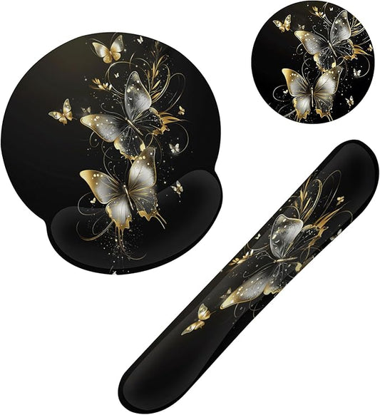 Golden Butterfly Keyboard Wrist Rest Pad Mouse Pad Set,Ergonomic Mousepad Wrist Support Memory Foam Desk Pad for Gaming Office,Non-Slip Rubber Base Easy Typing for Home Office Computers