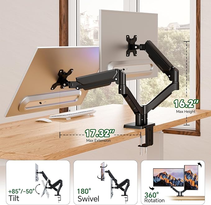 Dual Monitor Stand, Full Adjustable Monitor Desk Mount for 13–32″ Computer Screens