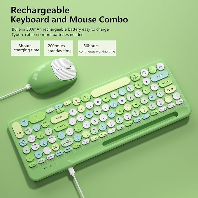 Bluetooth Keyboard and Mouse Wireless, Multi-Device Rechargeable Keyboard and Mouse Combo with Phone Holder (Bluetooth 5.0+3.0+2.4GHz) Quiet Ergonomic Compatible with Mac/Windows/iOS/Android (Green)