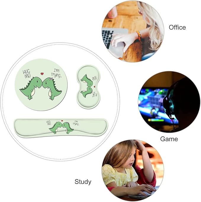 Keyboard Wrist Rest and Mouse Pad Wrist Rest Set with Coasters [4Pcs], Ergonomic Support, Non-Slip Rubber Base, Easy Typing & Pain Relief for Home Office Working Studying, Cute Little Dinosaur