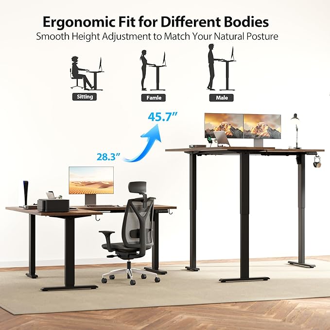 Agilestic L Shaped Standing Desk 63 x 55 Inch, Electric Height Adjustable Corner Sit Stand Desk with Memory Preset Controller, Large L Shaped Computer Desk for Home Office Workstation, Vintage Brown