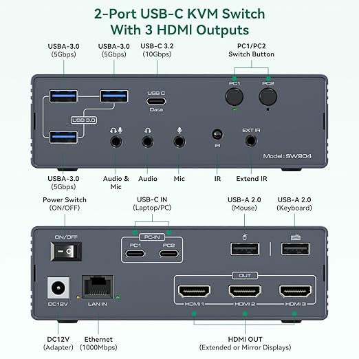Thunderbolt 4 KVM Switch Docking Station for 3 Monitors 2 laptops/Macbooks Extended Triple 4K60Hz HDMI Display with Displaylink USB3.0/USB C, M1/M2/M3/M4 Mac/Windows/Chrome etc.with Audio and Ethernet