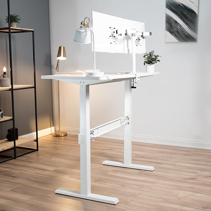 VIVO White Universal Steel Clamp-on Desk Stabilizer Bar for Sturdy Reinforced Workstation, 36 to 61.6 inch Bracket Support System for Sit to Stand Desk Frames, Expandable Width Adjustment, DESK-STB01W