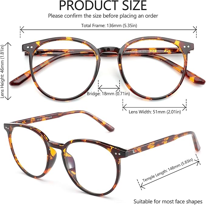 2 Pack Blue Light Blocking Glasses for Women and Men, Round Frame Computer Gaming Anti Eyestrain & UV Glare RF6213 (Clear + Coco Tortoise)
