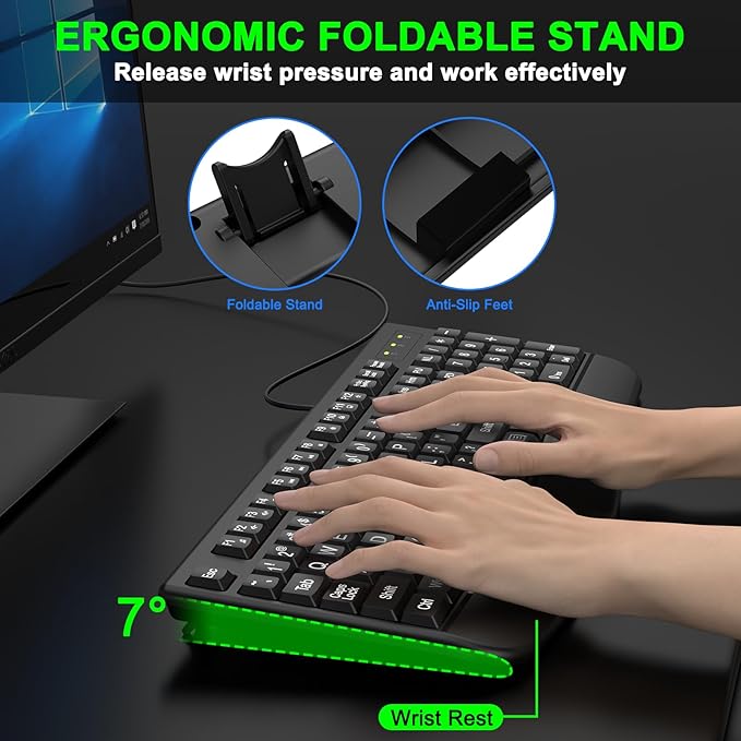 Large Print Keyboard, 2.4G Full-Sized Ergonomic WiredComputer Keyboard with Wrist Rest for Windows, Mac OS Laptop/PC/Desktop/Notebook(Large Print Black)