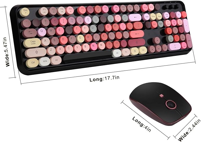 Retro Wireless Keyboard and Mouse Set,2.4Ghz Colorful Lipstick Style Typewriter Keyboard with Cute Round Keys,Full Size Mixed Color Aesthetic Keyboard&3 DPI Mouse for PC Laptop Desktop Computer-Black