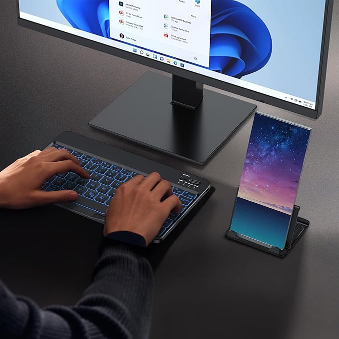 OMOTON Bluetooth Keyboard for Tablet/Android/Windows/iOS, with 7 Colors Backlight Rechargeable Wireless Mini Keyboard for Galaxy Tab A9+ / S9 FE / S10 / S11 / A11 Series etc, Black