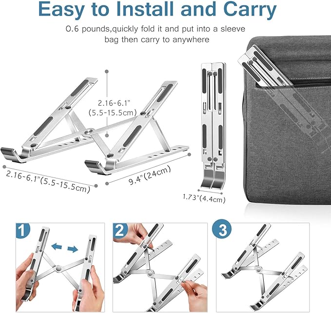 T Legend Aluminum Laptop Stand for Desk, Arae Adjustable Ergonomic Portable Holder, Foldable Computer Stand 6 Angles Anti-Slip Laptop Riser Compatible with 9-15.6 inch Laptops (Aluminum Silver)