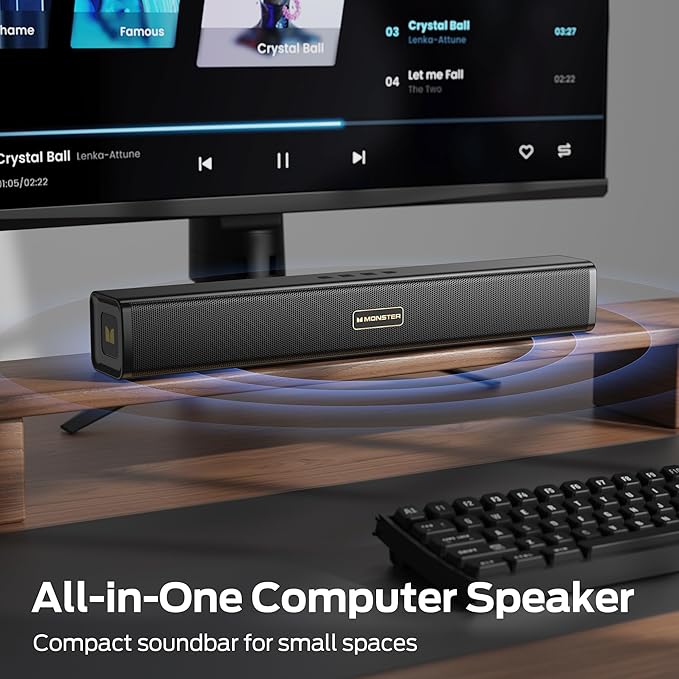 Monster S220 Computer Speakers for Desktop PC, 2.0 Channel PC Speakers with Dual Bass Diaphragm, Bluetooth 6.0 & 3.5mm Aux-in PC Soundbar, Compact Computer Sound Bar for Desktop/Laptop/Monitor/Tablet