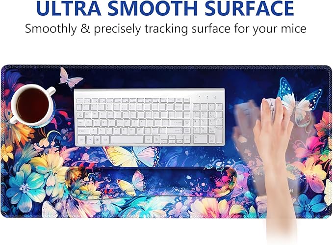 DINKY Keyboard Mouse Pad Set, Large Gaming Mousepad + Memory Foam Ergonomic Keyboard Wrist Rest Support, Easy Typing Pain Relief, 4Pcs (35.4" x 15.7") Extended Desk Mat-Butterflies