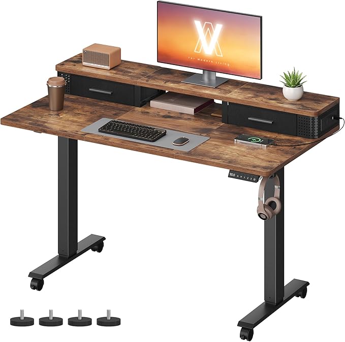 VASAGLE Electric Standing Desk with Drawers, Sit Stand Desk with Built-in Power Strip, Adjustable Height, 47.2 x 23.6 Inches, 2 Hooks, Memory Function, for Home Office, Rustic Brown ULSD182KD01