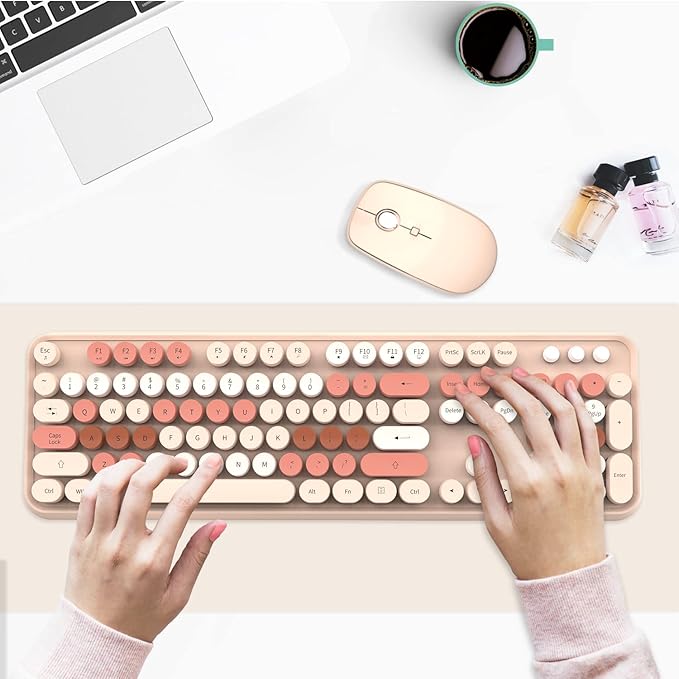 Wireless Keyboard and Mouse Combo Cute Colorful Keyboard and Mouse, Retro Typewriter Keyboard with 2.4GHz Plug & Play, for Windows 11/10/7, Laptop, PC (Milk Tea)
