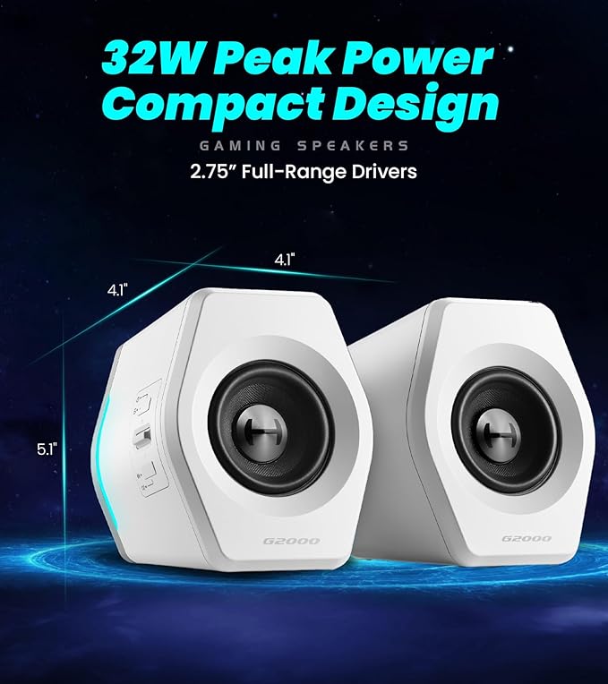 Edifier G2000 RGB Gaming Speakers, 32W Peak Power, Compact Design for PC/PS4/Desktop, Bluetooth 5.1, 3.5mm AUX, Game/Movie/Music Modes, 12 RGB Lighting Effects - White