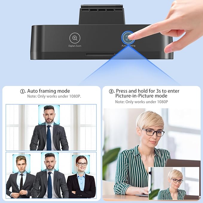 4K Webcam for PC, AI Auto Framing, Picture-in-Picture, USB Webcam with 2x Noise Reducing Mics, Auto Light Correction, 5X Zoom, 92°FOV, Plug and Play, Ideal for High-end Meeting, Video Calling