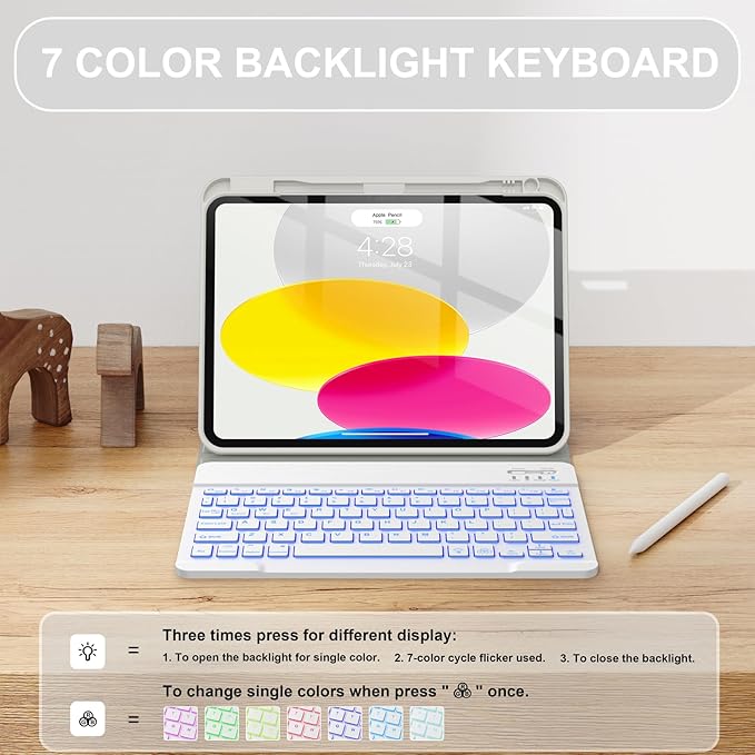 Soke for iPad (A16) 11th/10th Generation Case with Keyboard(2025/2022)-7 Color Backlight Wireless Detachable Folio Keyboard Cover with Built-in Pencil Holder for iPad 11/10.9 inch, Grey Marble