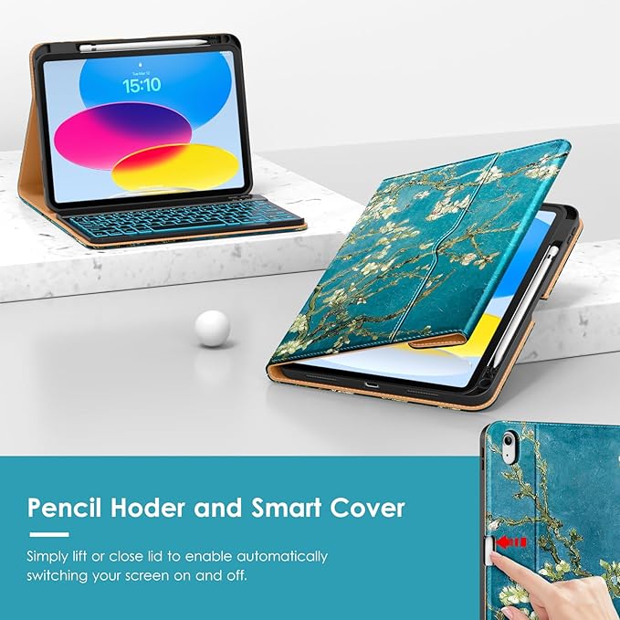 VIKESI Keyboard Case for iPad (A16,2025) 11th Generation/iPad 10th Generation Case (10.9" 2022),Premium Leather Smart Cover,Built-in Breathing Light,Function Row,Pencil Holder,Card Slots - Blossom