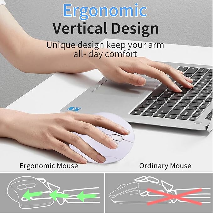 Wireless Silent Ergonomic Vertical Mouse - Dual Mode 2.4G/Bluetooth, Rechargeable Type C, Pain Relief for Office and Home Use, Compatible with Laptop & PC (White)