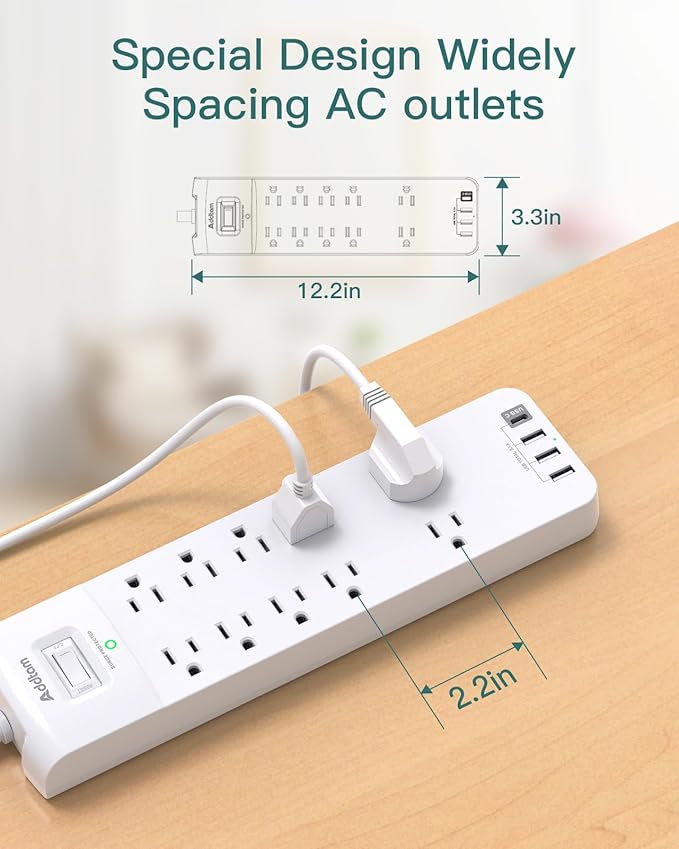12FT Long Power Strip Surge Protector, Addtam Surge Protector with 10 Outlets and 4 USB Ports, Extension Cord with Flat Plug, 2700 Joules, White