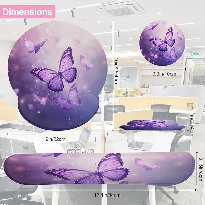 Butterfly Purple Sparkling Keyboard Wrist Rest Pad and Mouse Pad Wrist Support Set,3-in-1 Ergonomic Mouse Pad with Non-Slip Rubber Base for Home Office Game Computers Desk,