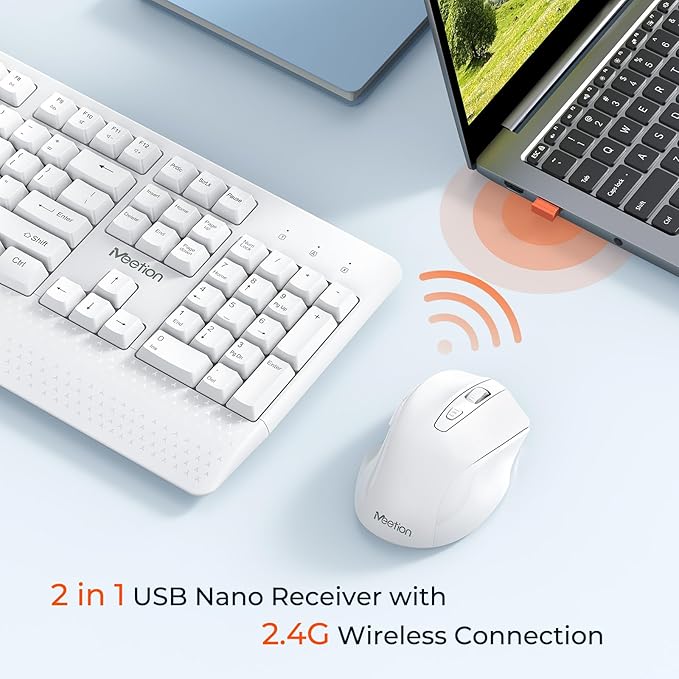 MEETION Wireless Keyboard and Mouse White, 2.4G USB Receiver Plug-and-Play, Computer Keyboard with Wrist Support, 3 Level DPI Mouse, Long Time Lasting Battery for PC/Mac/Windows/Laptop, White