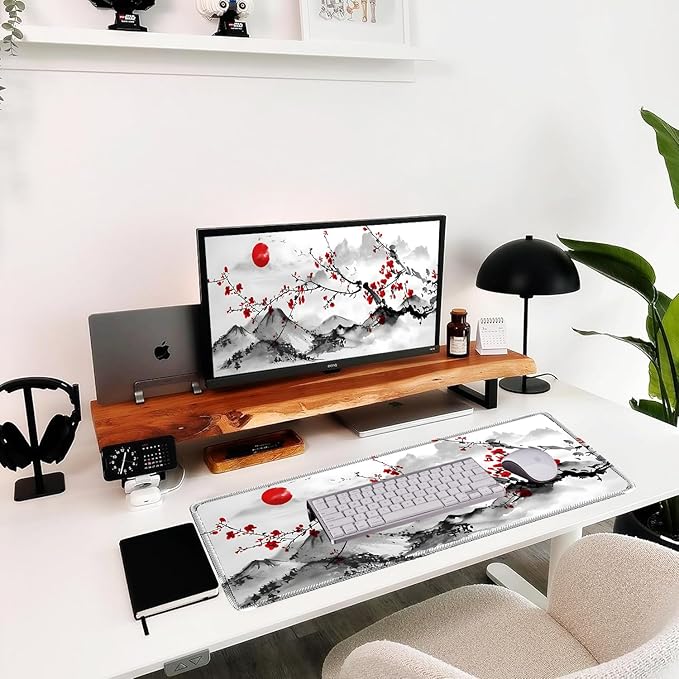 Japanese Sakura Mouse Pad 31.5x11.8 Inch Watercolor Cherry Blossom Floral White Desk mat Large Non-Slip Rubber Base Waterproof with Stitched Edges for Gaming and Office(Red Moon)
