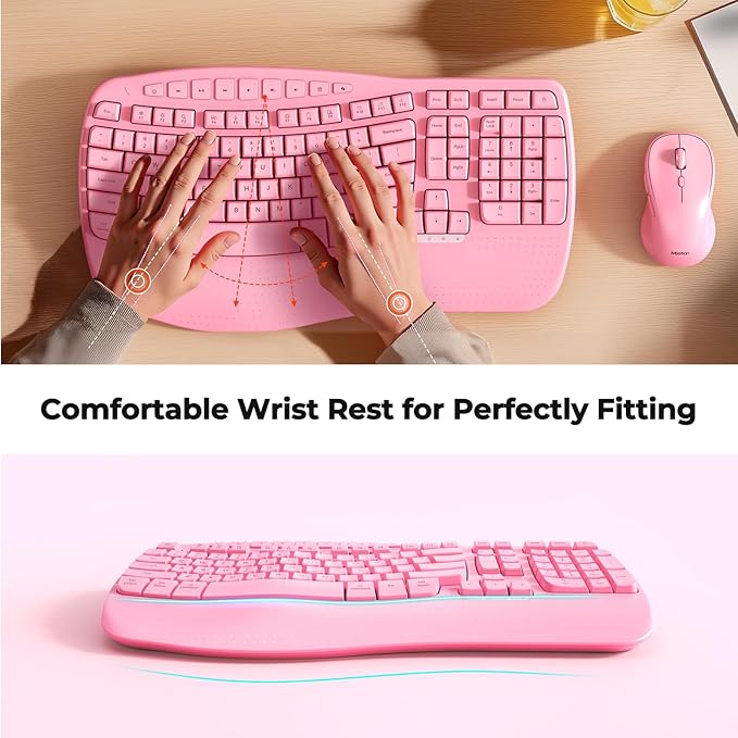 MEETION Ergonomic Keyboard and Mouse Wireless, Wave Keys Natural Typing, 2.4G Wireless Keyboard with Wrist Rest, 4 Adjustable DPI Mouse, Computer/Laptop/Windows/Mac, Pink