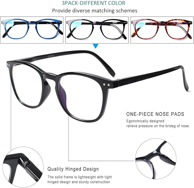 Henotin 3-Pack Blue Light Blocking Reading Glasses,Spring Hinge Computer Readers for Men Women,Anti UV Ray Filter Eyeglasses (3 Mixed Color, 2.75)