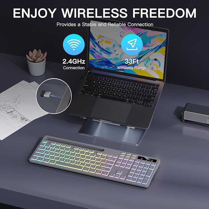 Wireless Keyboard with 7-Color RGB Backlit, Full-Size Computer Keyboard with Phone Tablet Holder, 2.4G Rechargeable Gaming Keyboard with Light Up Keys, Compatible with Mac, Windows (Grey)