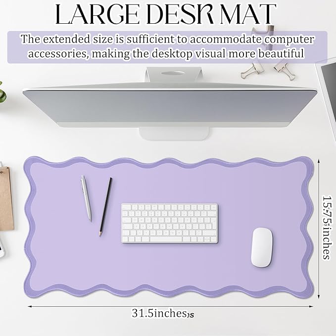 Scalloped Desk Mat Large Scalloped Piping Cute Desk Mat Aesthetic Preppy Table Pad Large Nonslip Pad with Edge Stitching Waterproof Gaming(Purple,31.5 x 15.75 Inches)