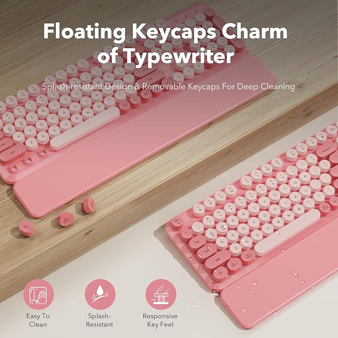 Wireless Keyboard and Mouse Combo with Detachable Magnetic Wrist Rest, Retro Typewriter-Style Keyboard, Round Keycaps, Adjustable Legs, 3-Level DPI Mouse, 2.4GHz for Windows PC/Laptop (Blush Pink)