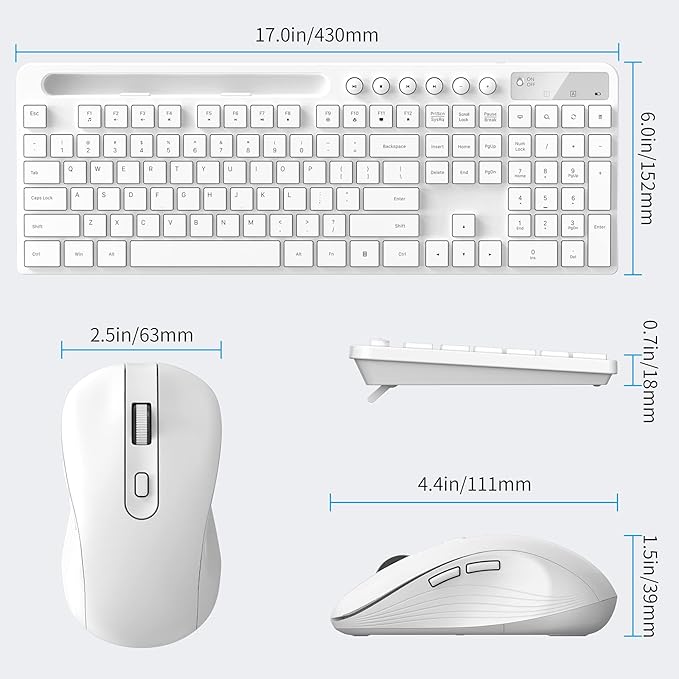 Wireless Keyboard and Mouse Combo, MARVO 2.4G Ergonomic Wireless Computer Keyboard with Phone Tablet Holder, Silent Mouse with 6 Button, Compatible with MacBook, Windows (White)