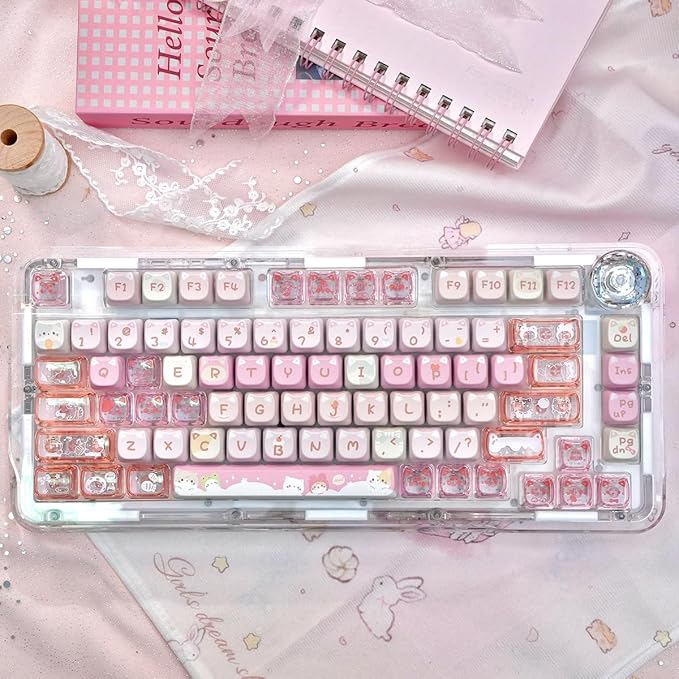26 Keys Crystal Jelly Personalized Keycaps, PC Material Cute Meow Meow Squad Transparent Custom Cat Keycaps, Mao Profile Keycap for DIY MX Swithes Mechanical Keyboards