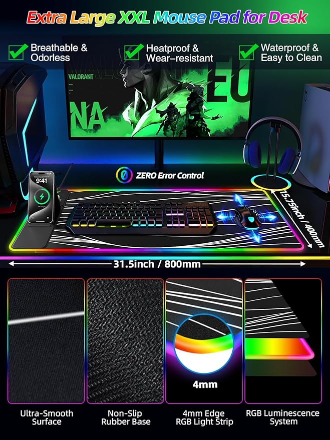 Mouse Pad with Foldable Phone Holder & Wireless Charger, XXL RGB Gaming Mousepad 31.5"x15.8" Large Desk Mat for Keyboard, Black Desk Pad with Dual Qi Charging Station | 11 Colors 5 Modes
