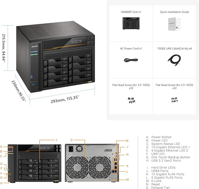 Asustor Lockerstor 8 Gen3 AS6808T 8 Bay NAS Network Storage, AMD Ryzen Quad-Core 2.3 GHz, 16GB RAM ECC DDR5, 4 M.2 NVMe Slots, Dual 5GbE & Dual 10GbE Port, USB4 Type-C, Network Attached Storage