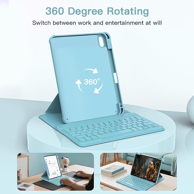 for iPad 11th(A16, 2025)/10th Generation Case with Keyboard, 360° Rotatable Case & Detachable Backlit Keyboard, Precision Cutouts and Pen Holder for iPad A16 11''/10th 10.9'', Light Blue