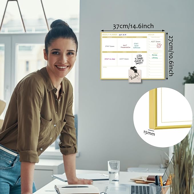 Dry Erase White Board Weekly Calendar Board, Magnetic Whiteboard for Wall,Gold Aluminum Frame Message Board,Horizontal,10.5“x14.5, Planner Board for Office, Home, Schooll(Weekly-BB-Gold-2737-L)