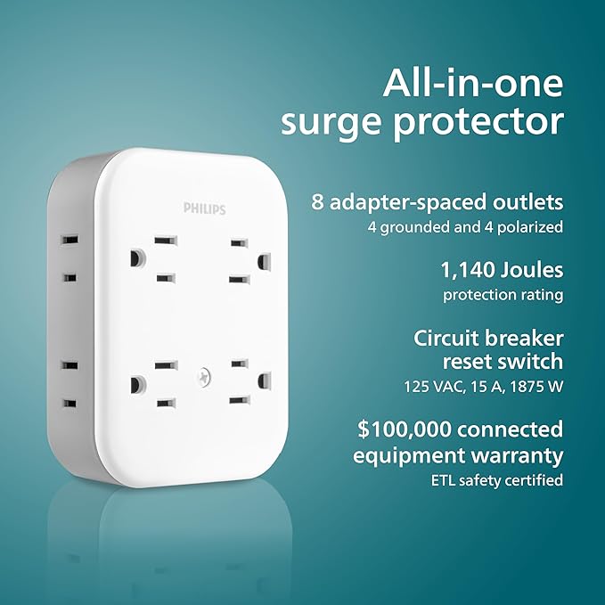 Philips All-in-One Surge Tap, 4 Grounded & 4 Polarized Outlets, 1140 Joules, Adapter-Spaced Design, ETL Certified, White/Gray, SPP3993W/37