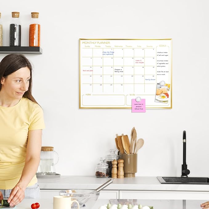 Dry Erase Calendar Whiteboard for Wall, 24'' x 18'' Monthly White Board Planner with Gold Frame, Magetic Hanging Wipe Board for Home Office School Dorm