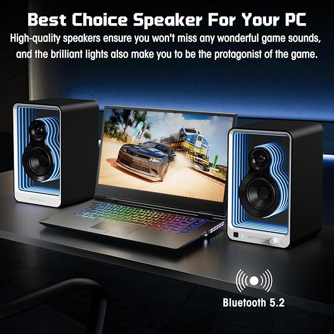 BESTISAN 50W*2 Active Bookshelf Speakers with Dynamic Light Effect, 3" Bass Computer Speakers with ARC/Optical/RCA/BT 5.2/USB/SUB Out Input for Turntable, PC, TV and Phone.
