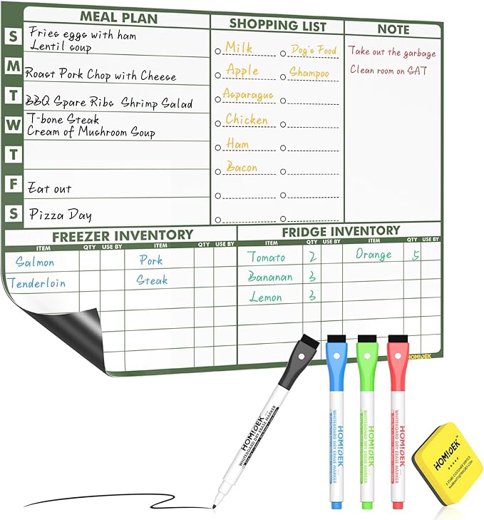 Magnetic Meal Planner Menu Board: Reusable Dry Erase Family Planning Board with Grocery List & Fridge Freezer Inventory List for Refrigerator, Dry Erase Markers and Eraser Included - 14x11 Inches