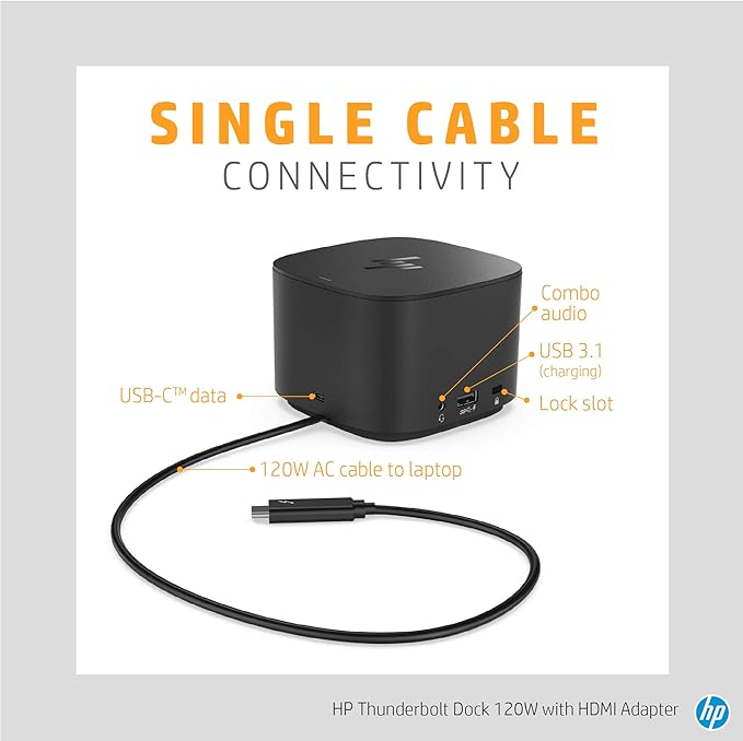 HP Thunderbolt Dock 120W with HDMI Adapter, Universal USB-C Docking Station, One Cable, Multiple Connections, with a Single USB-C™ Cable Connection to Any Brand Laptop (6HP48AA#ABL)