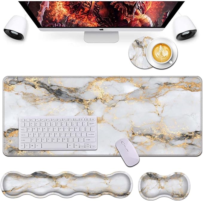 Keyboard Wrist Rest and Mouse Pad Wrist Support Set,Ergonomic Memory Foam Wrist Pad & Non Slip Base for Home Office Working Studying Easy Typing,White Gold Marble