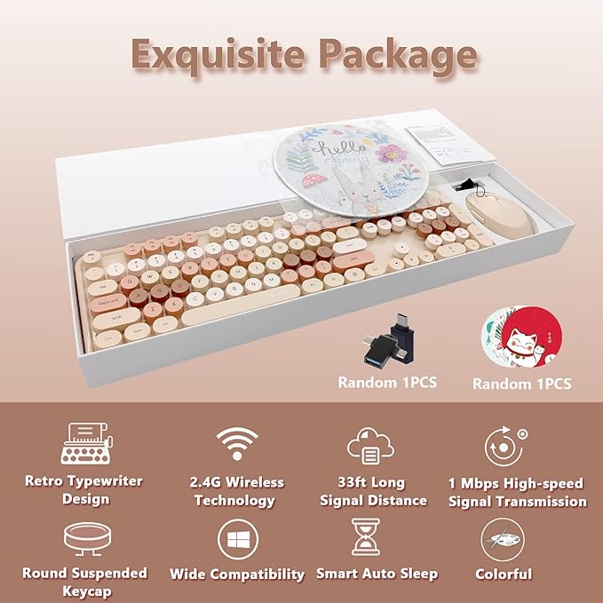 Wireless Keyboard and Mouse Combo, Ergonomic Cute Retro Typewriter Full Size Colorful USB Cordless Keyboard Mouse Set for Gaming and Office (Milk Tea)