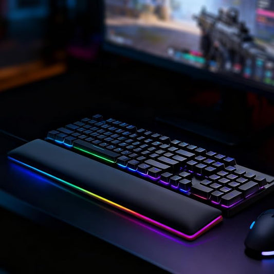 ASFSKY RGB Keyboard Wrist Rest, Ergonomic Wooden Wrist Support with PU Leather & Memory Foam, Non-Slip and Easy-to-Clean Design, Wrist Pad for Mechanical Keyboard, Gaming & Office Use