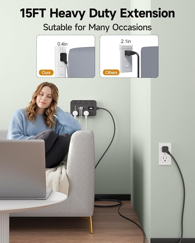 15FT Extension Cord- Power Strip Surge Protector with 8 AC Outlet & 6 USB Charging Block（3 USBC, Ultra Thin Flat Extension Cord 15 feet,1080 J Surge Protection for Home,Office, Desk Essentials.