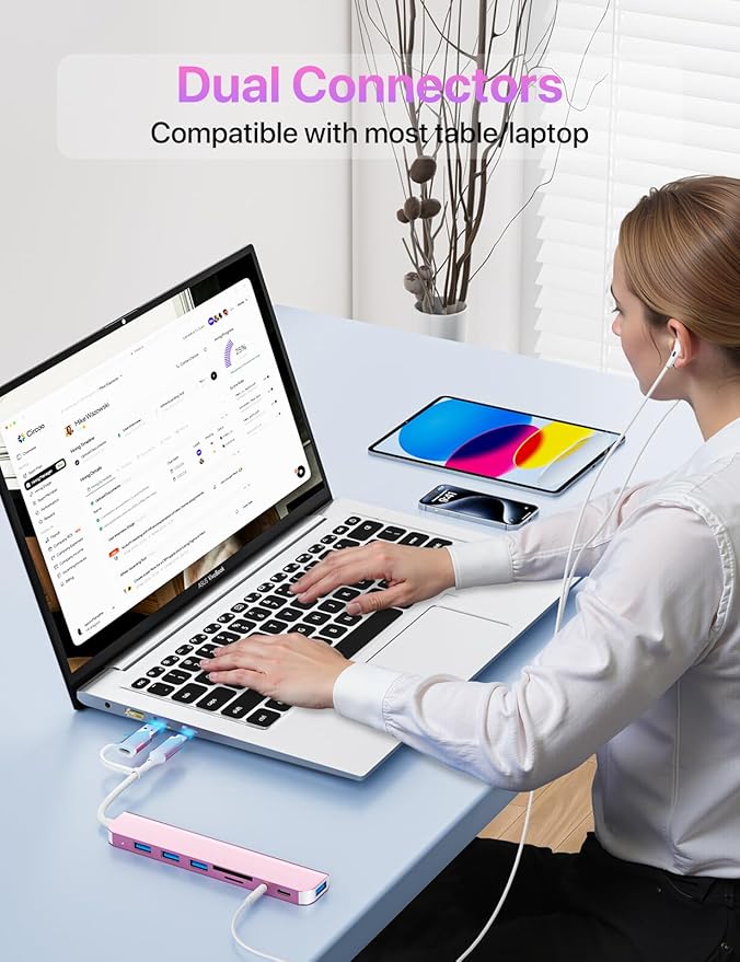 USB C/USB Hub Multiport Adapter,USB 3.0 Hub Aluminum 8 in 1 USB Splitter with SD/TF Card Reader,1 x USB 3.0, 3 x USB 2.0, 1 x USB C,and 3.5mm Audio Output for MacBook Pro Air,iPad Pro,Laptop-Pink