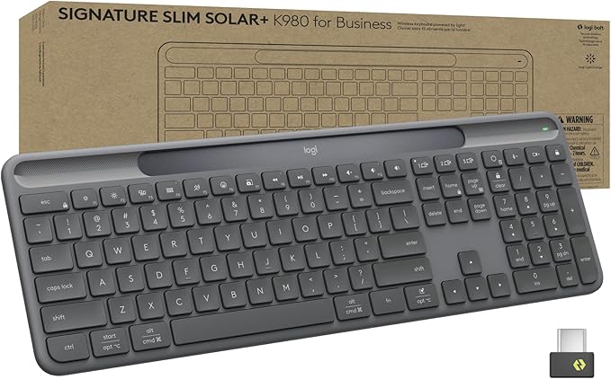 Logitech Signature Slim Solar+ Wireless Bluetooth Keyboard K980 for Business, Quiet Typing, Secure Receiver, Windows, Mac - Graphite