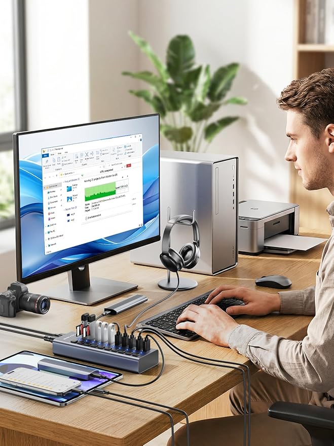Powered USB 3.2 Hub, ACASIS 10 Ports USB 3.2 Hub with 10Gbps Data Speed, Aluminum Housing, USB Hub Powered with 48W Power Adapter, USB Hub for PC/Laptop, Computer, Flash Drive, Printer, Camera